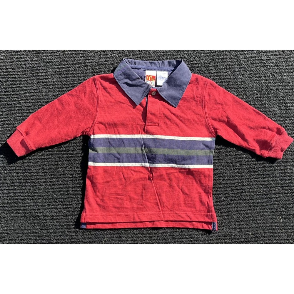 Vintage McKids Polo Shirt Boys 18 Months Red Rugby Stripe Long Sleeve McDonald's